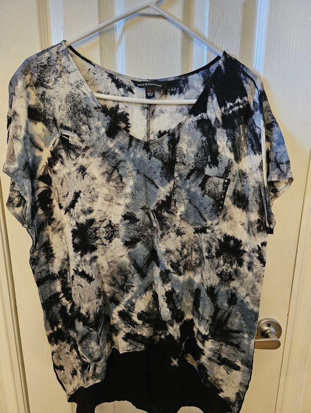 Rock & Republic XL Short Sleeve Top with Embellished Pocket and Longer Back Hem